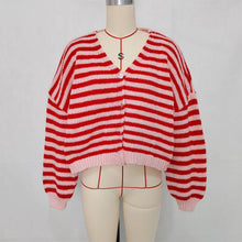 Load image into Gallery viewer, Slouchy Color Block V-Neck Striped Knit Cardigan: Red