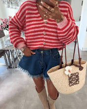 Load image into Gallery viewer, Slouchy Color Block V-Neck Striped Knit Cardigan: Red