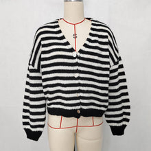 Load image into Gallery viewer, Slouchy Color Block V-Neck Striped Knit Cardigan: Red