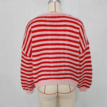 Load image into Gallery viewer, Slouchy Color Block V-Neck Striped Knit Cardigan: Red