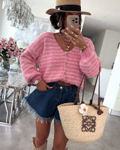 Load image into Gallery viewer, Slouchy Color Block V-Neck Striped Knit Cardigan: Red