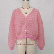 Load image into Gallery viewer, Slouchy Color Block V-Neck Striped Knit Cardigan: Red